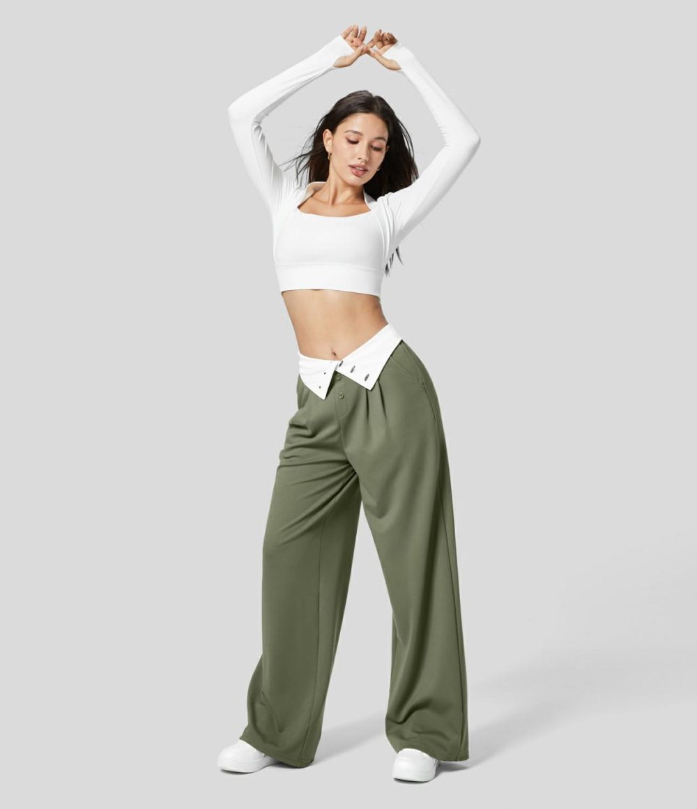 Super High Waisted Foldover Plicated Side Pocket Wide Leg Work Suit Pants  | Womens  Active Work Pants Active Work Pants Active Work Pants