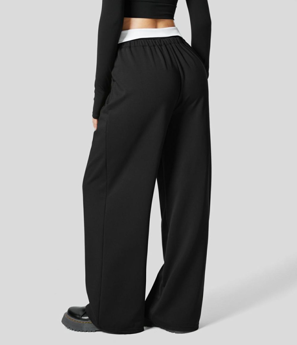 Super High Waisted Foldover Plicated Side Pocket Wide Leg Work Suit Pants  | Womens  Active Work Pants Active Work Pants Active Work Pants