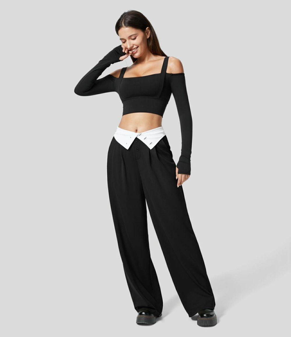 Super High Waisted Foldover Plicated Side Pocket Wide Leg Work Suit Pants  | Womens  Active Work Pants Active Work Pants Active Work Pants