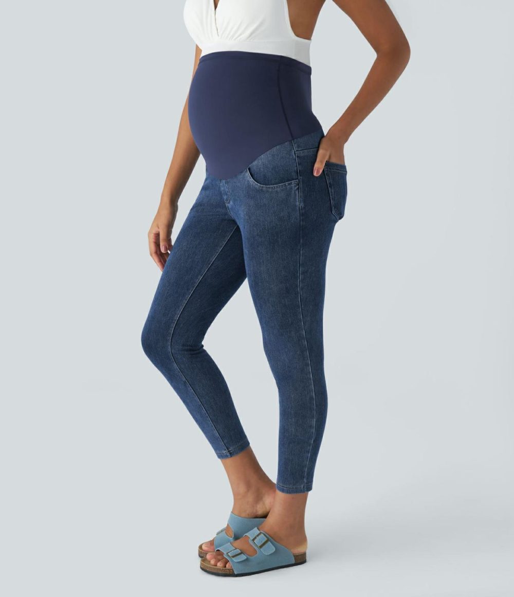 Super High Waisted Multiple Pockets Stretchy Knit Denim Maternity Casual 7/8 Leggings  | Womens  Denim Shorts Clothing Blue Wind Denim/Washed Denim Navy Blue/Ink Black Denim/Washed Denim Bleached Blue/Hemp Rope Black Denim