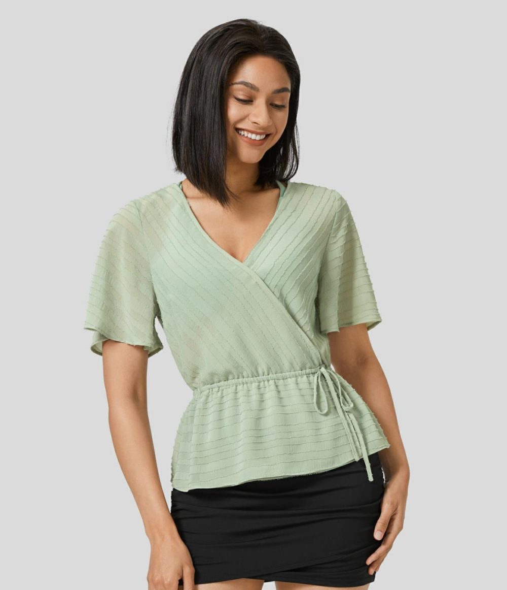 Surplice Neck Wrap Drawstring Jacquard Work Peplum Blouse  | Womens  T-Shirts Clothing Fog Green/Black