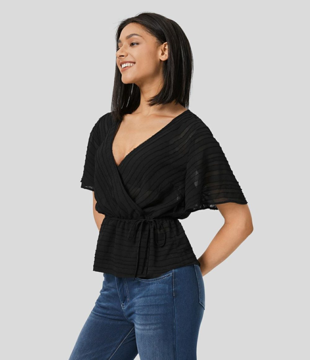 Surplice Neck Wrap Drawstring Jacquard Work Peplum Blouse  | Womens  T-Shirts Clothing Fog Green/Black