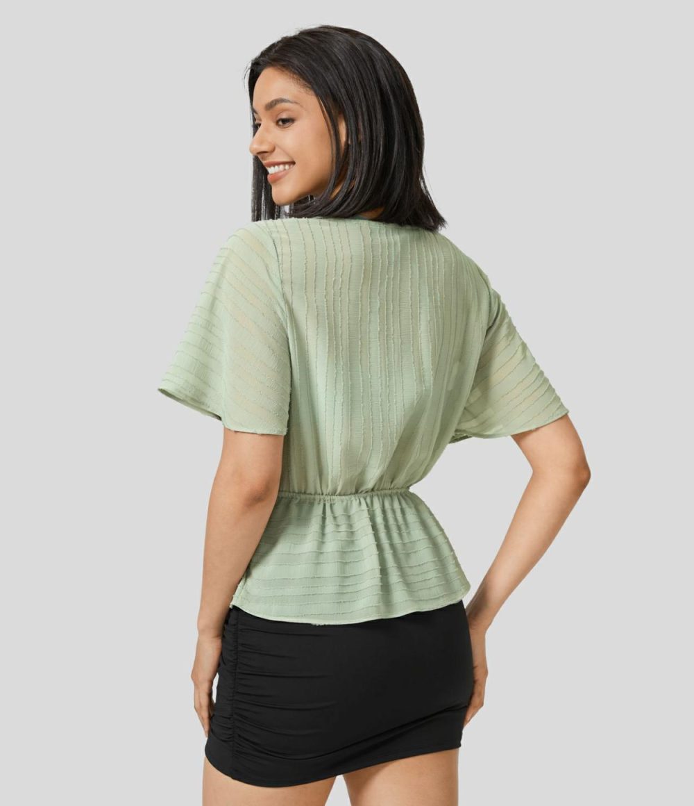 Surplice Neck Wrap Drawstring Jacquard Work Peplum Blouse  | Womens  T-Shirts Clothing Fog Green/Black