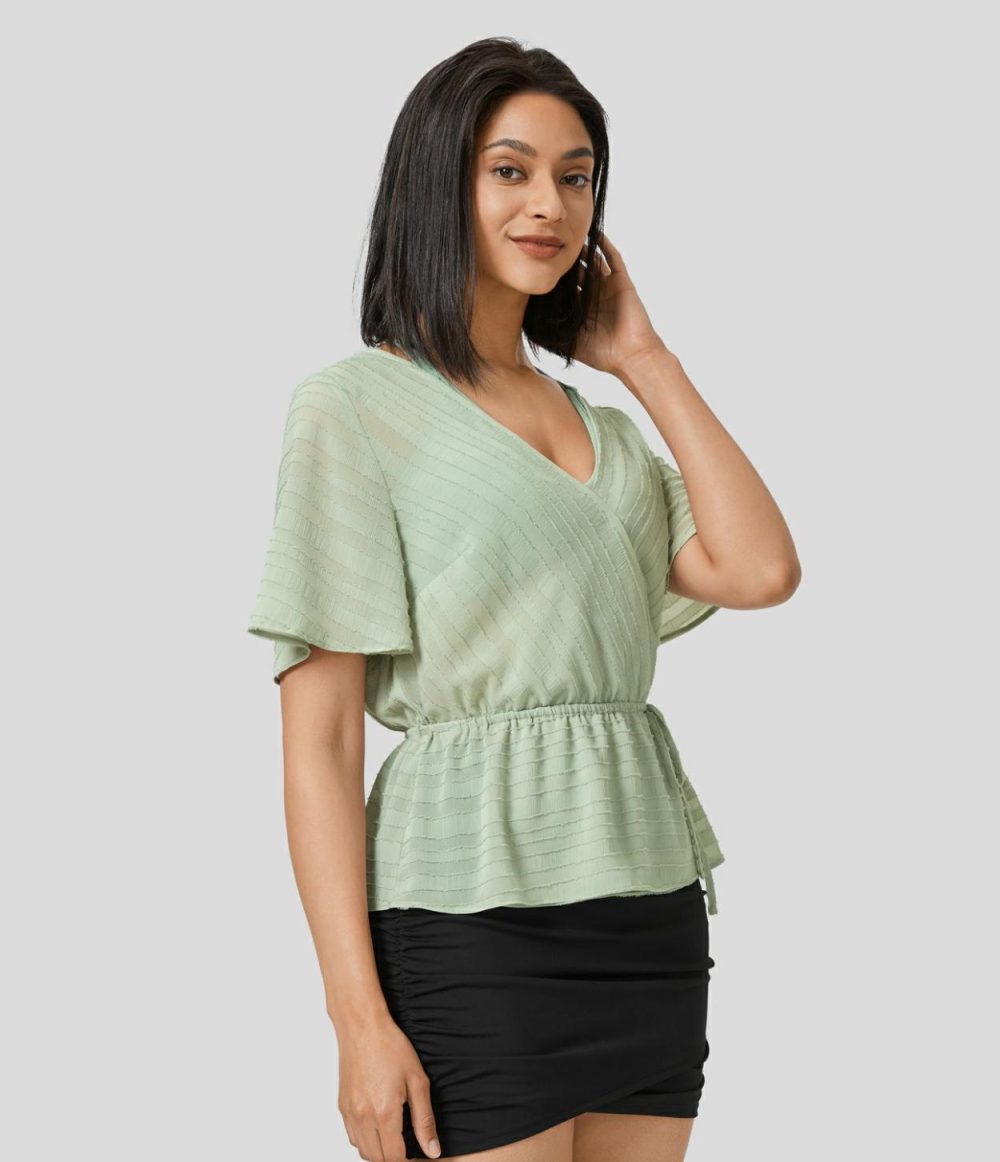 Surplice Neck Wrap Drawstring Jacquard Work Peplum Blouse  | Womens  T-Shirts Clothing Fog Green/Black