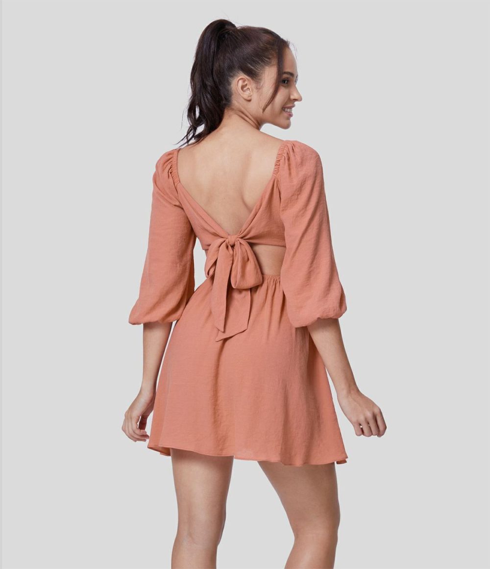 Sweetheart Neck Puff Sleeve Cut Out Backless Tie Back Plicated Flowy Mini Casual Dress  | Womens  Mini Dresses Clothing Mini Dresses