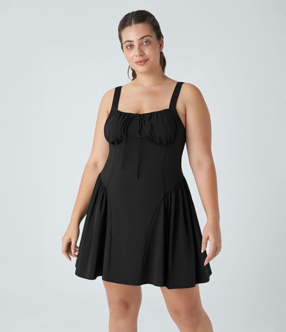 Tie Front Backless 2-in-1 Pocket Mini Slip Dance Plus Size Active Dress-Easy Peezy Edition  | Womens  Mini Dresses Clothing Mini Dresses