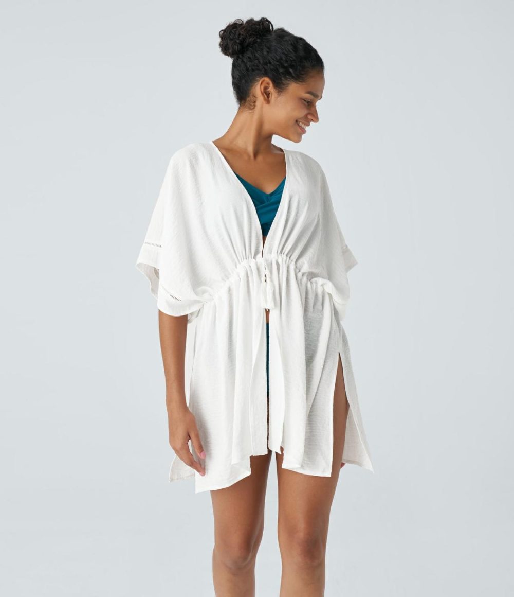 Tie Front Drawstring Fringe Split Linen-Feel Kimono  | Womens  Cover Ups Clothing Cover Ups