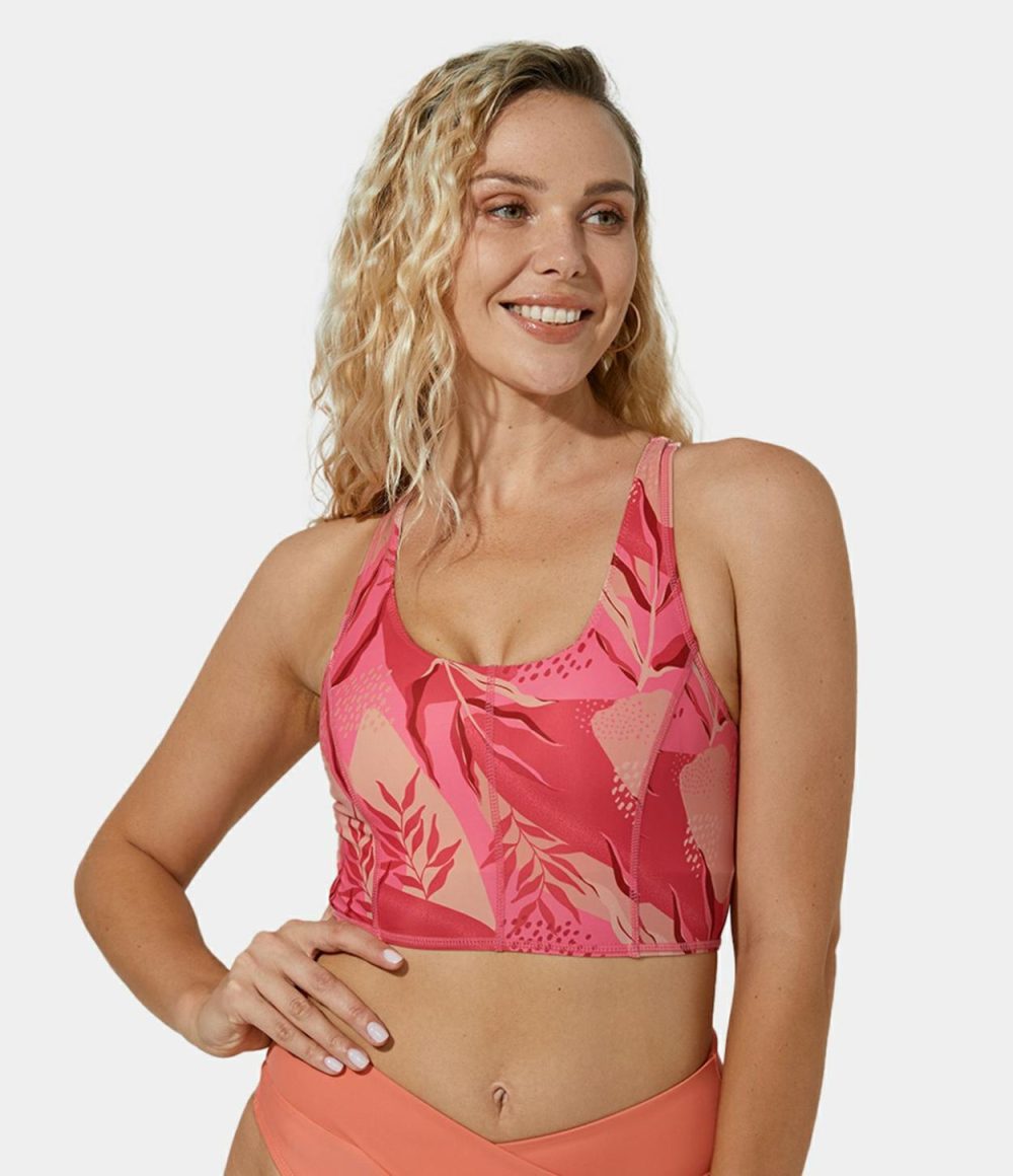 Tropical Print Scoop Neck Crisscross Bikini Top  | Womens  Swimwear Tops Clothing Georgia Peach Forest