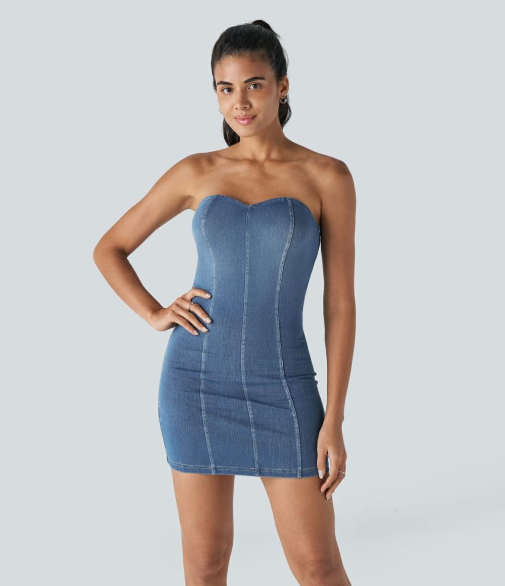 Tube Backless Bodycon Stretchy Knit Denim Mini Casual Dress  | Womens  Mini Dresses Clothing Mini Dresses