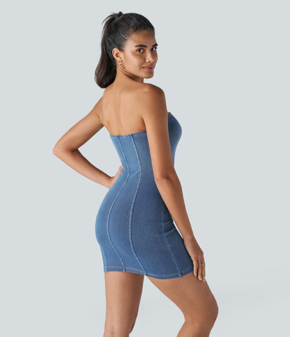 Tube Backless Bodycon Stretchy Knit Denim Mini Casual Dress  | Womens  Mini Dresses Clothing Mini Dresses