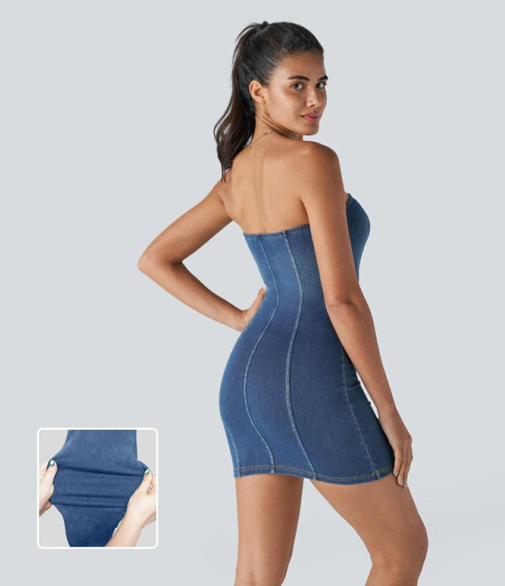 Tube Backless Bodycon Stretchy Knit Denim Mini Casual Dress  | Womens  Mini Dresses Clothing Mini Dresses