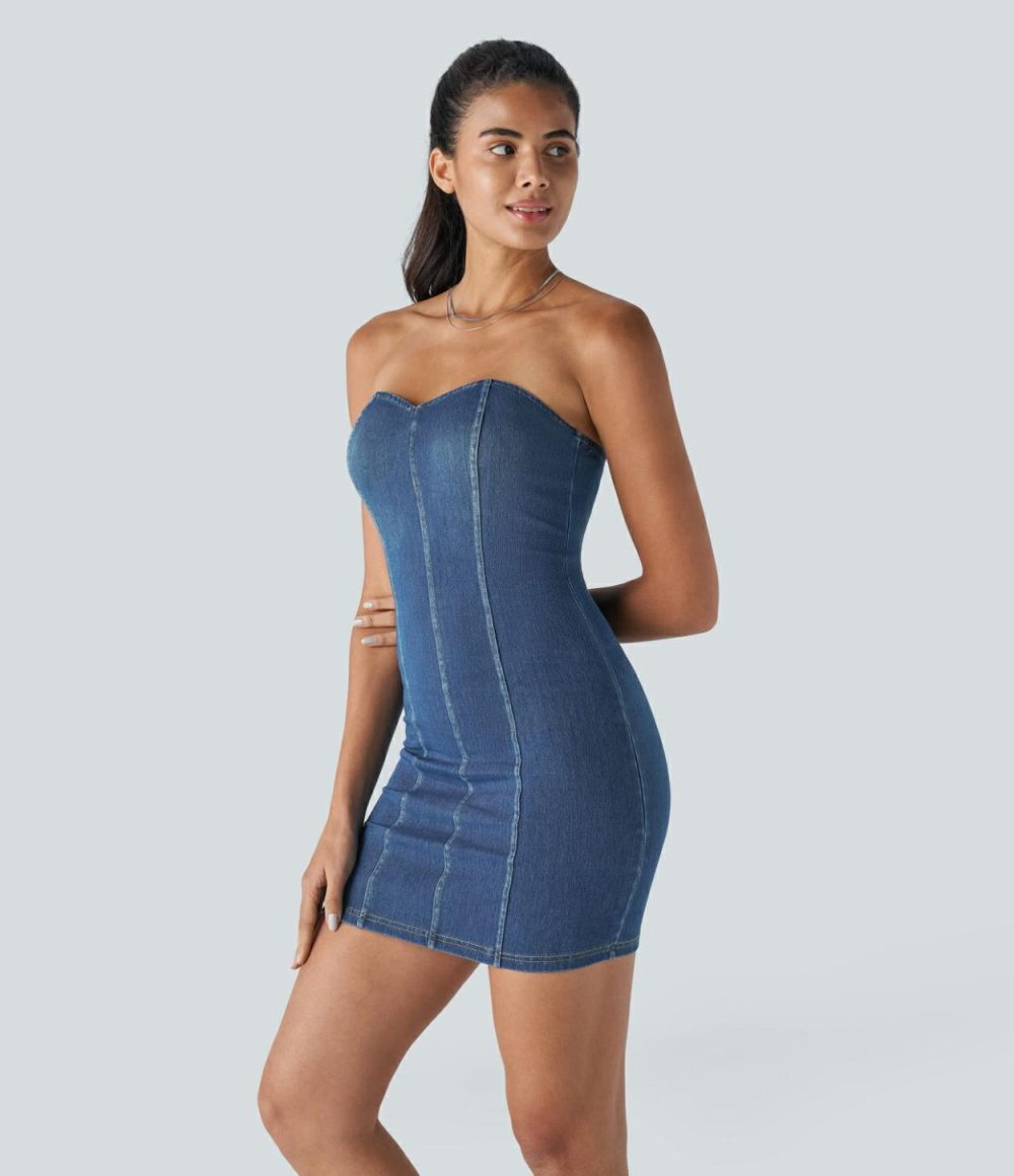 Tube Backless Bodycon Stretchy Knit Denim Mini Casual Dress  | Womens  Mini Dresses Clothing Mini Dresses