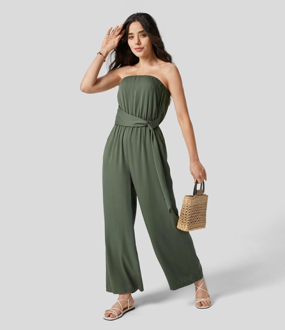 Tube Backless Plicated Belted Side Pocket Wide Leg Resort Jumpsuit  | Womens  Dressey Jumpsuits Clothing Agarwood Green/Black