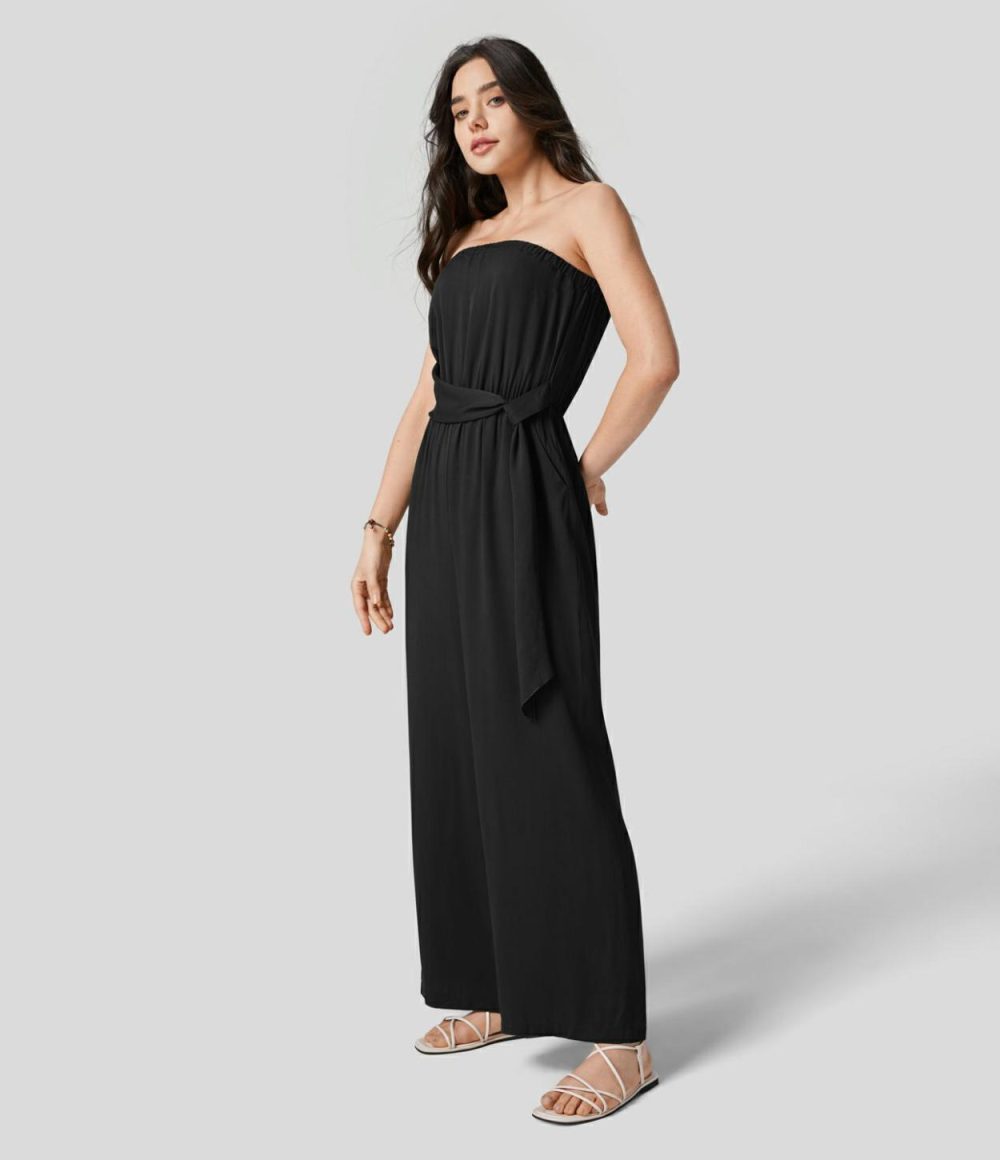 Tube Backless Plicated Belted Side Pocket Wide Leg Resort Jumpsuit  | Womens  Dressey Jumpsuits Clothing Agarwood Green/Black