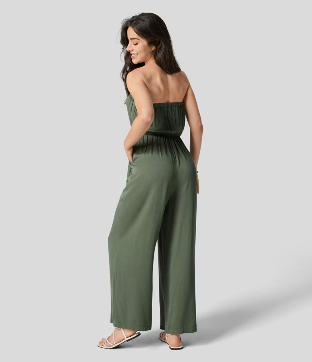 Tube Backless Plicated Belted Side Pocket Wide Leg Resort Jumpsuit  | Womens  Dressey Jumpsuits Clothing Agarwood Green/Black