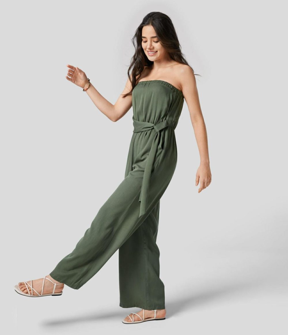 Tube Backless Plicated Belted Side Pocket Wide Leg Resort Jumpsuit  | Womens  Dressey Jumpsuits Clothing Agarwood Green/Black