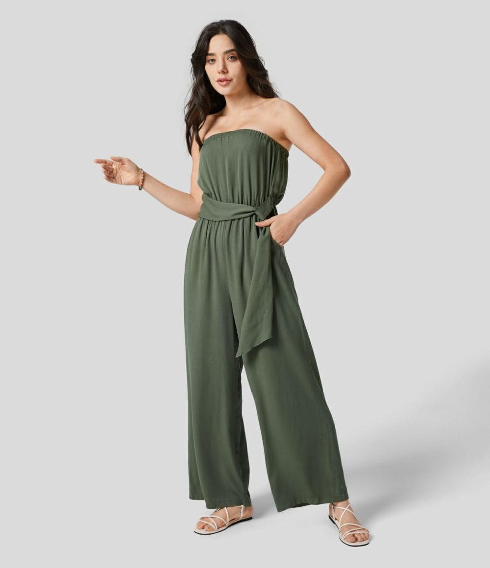 Tube Backless Plicated Belted Side Pocket Wide Leg Resort Jumpsuit  | Womens  Dressey Jumpsuits Clothing Agarwood Green/Black