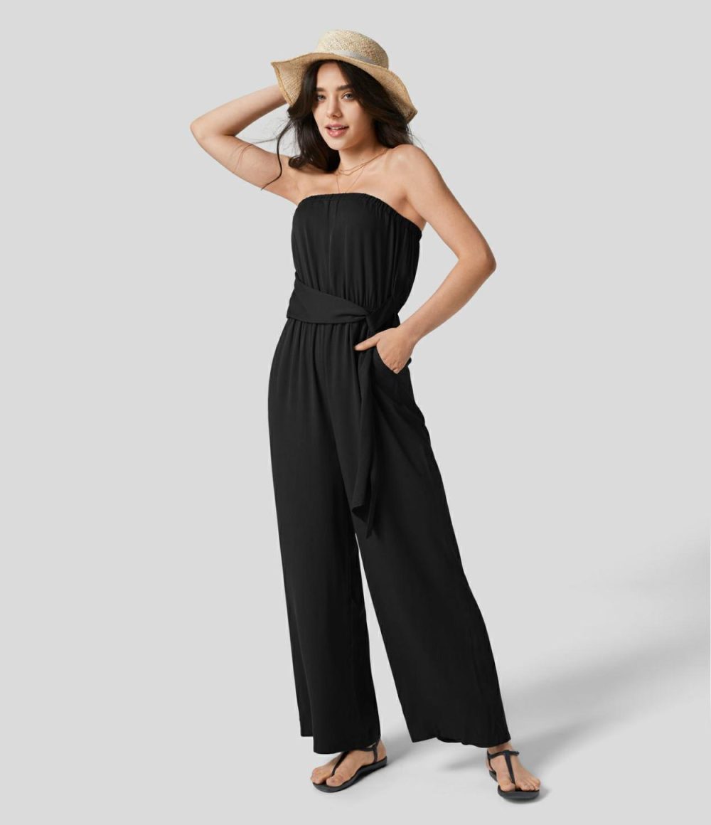 Tube Backless Plicated Belted Side Pocket Wide Leg Resort Jumpsuit  | Womens  Dressey Jumpsuits Clothing Agarwood Green/Black