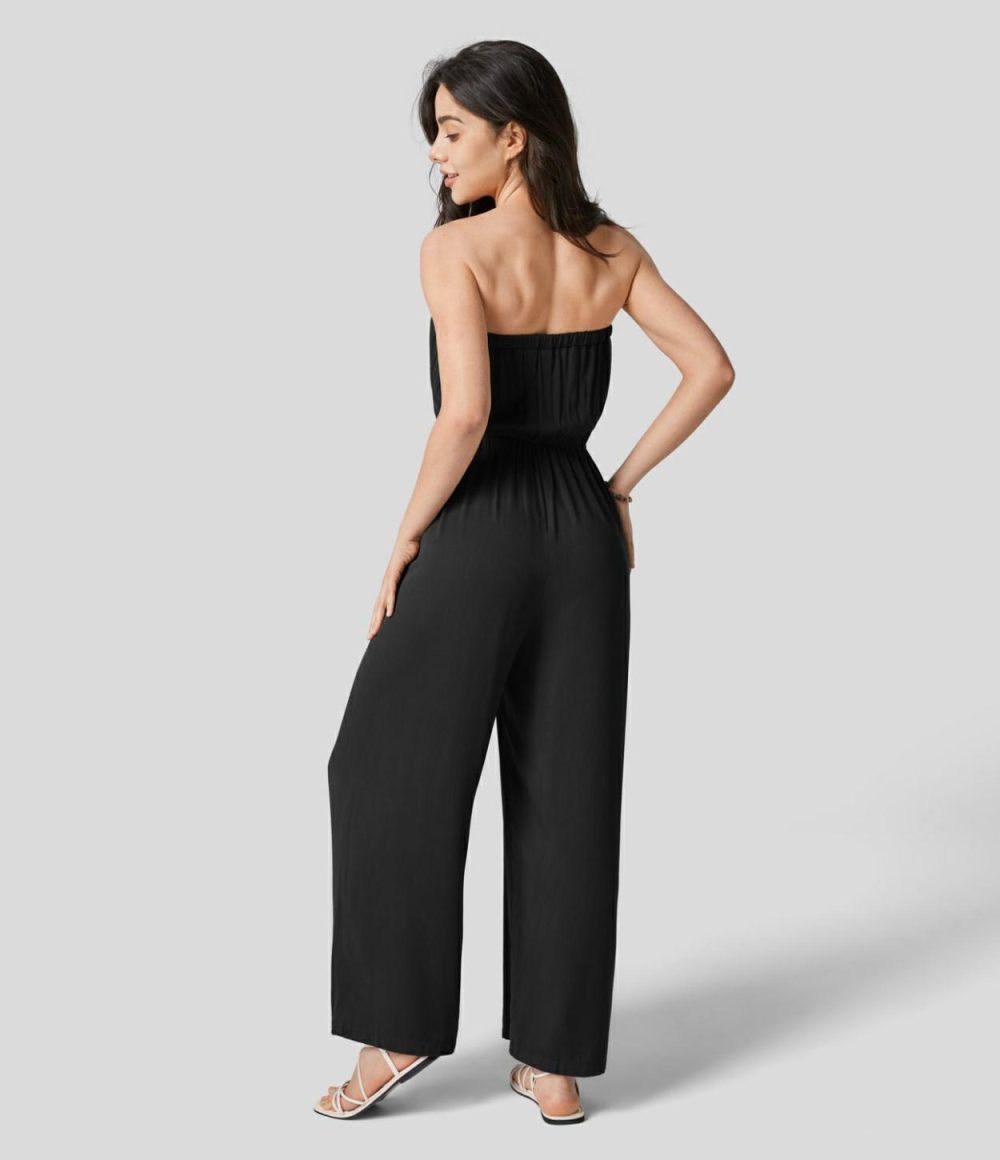 Tube Backless Plicated Belted Side Pocket Wide Leg Resort Jumpsuit  | Womens  Dressey Jumpsuits Clothing Agarwood Green/Black