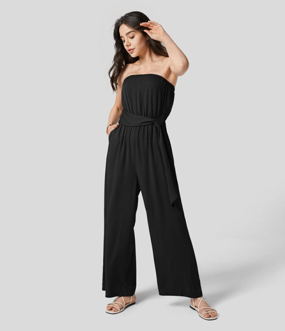 Tube Backless Plicated Belted Side Pocket Wide Leg Resort Jumpsuit  | Womens  Dressey Jumpsuits Clothing Agarwood Green/Black