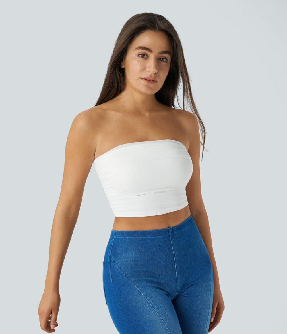 Tube Backless Ruched Contrast Mesh Cropped Casual Top  | Womens  Cropped Tops Clothing Cropped Tops