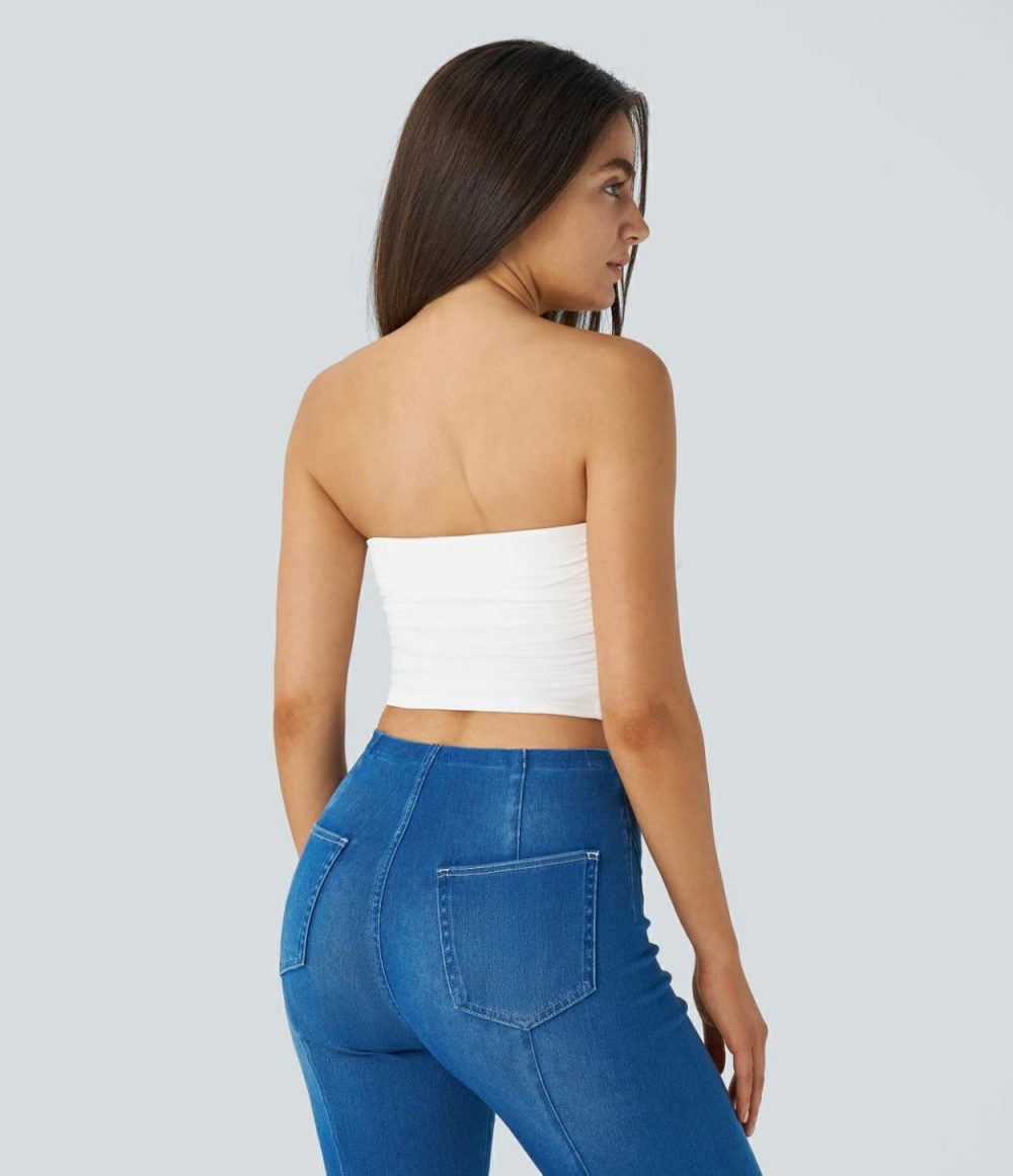 Tube Backless Ruched Contrast Mesh Cropped Casual Top  | Womens  Cropped Tops Clothing Cropped Tops