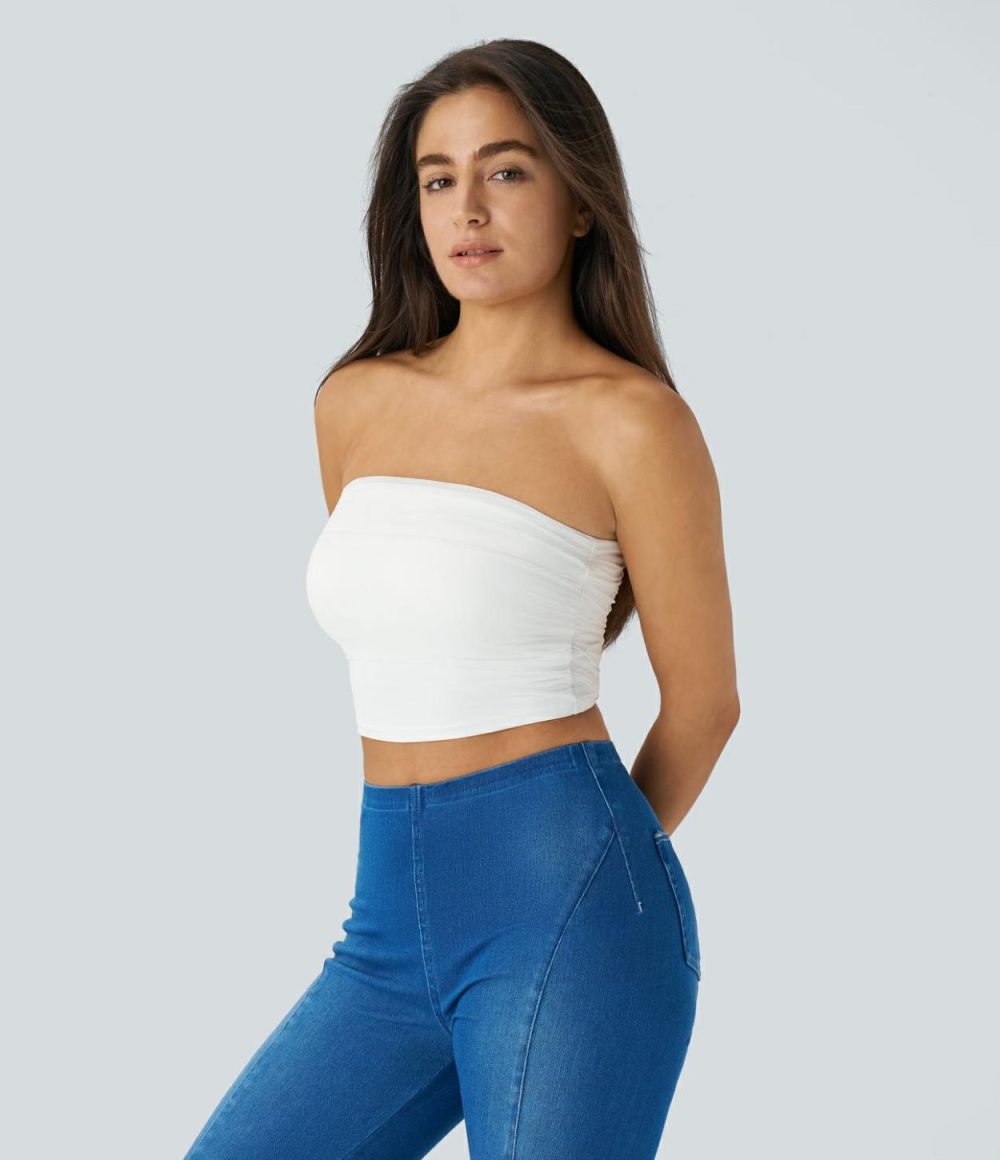 Tube Backless Ruched Contrast Mesh Cropped Casual Top  | Womens  Cropped Tops Clothing Cropped Tops