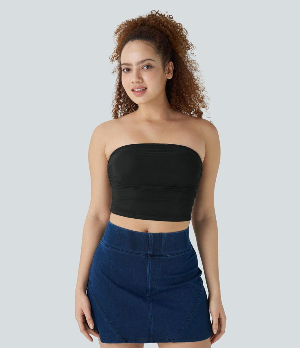 Tube Backless Ruched Contrast Mesh Cropped Casual Top  | Womens  Cropped Tops Clothing Cropped Tops