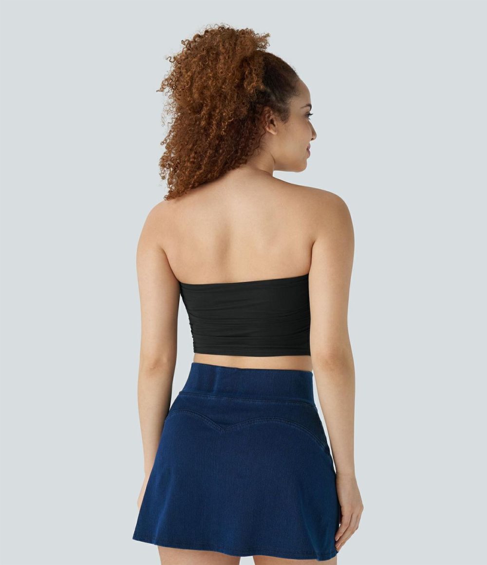 Tube Backless Ruched Contrast Mesh Cropped Casual Top  | Womens  Cropped Tops Clothing Cropped Tops