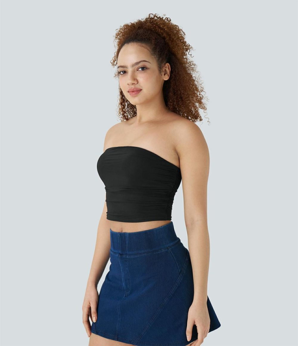 Tube Backless Ruched Contrast Mesh Cropped Casual Top  | Womens  Cropped Tops Clothing Cropped Tops