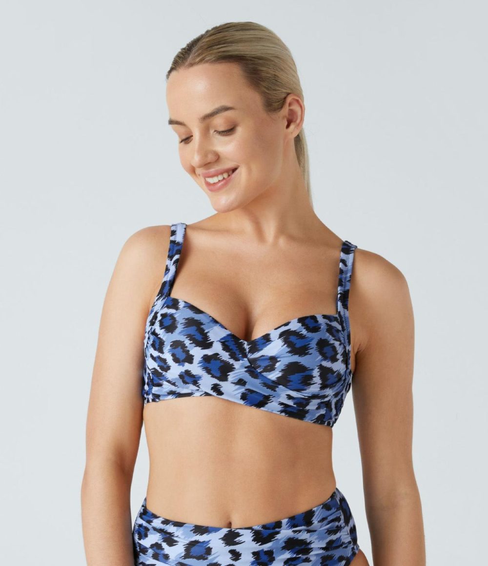 Twisted Adjustable G-Hook Leopard Print Bikini Top Swimsuit  | Womens  Swimwear Tops Clothing Ash Blue Leopard/Black