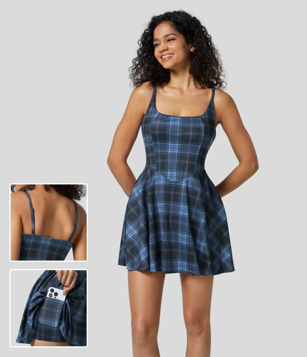 U Neck Backless 2-Piece Side Pocket Plaid Flare Mini Casual Slip Dress  | Womens  Mini Dresses Clothing Mini Dresses