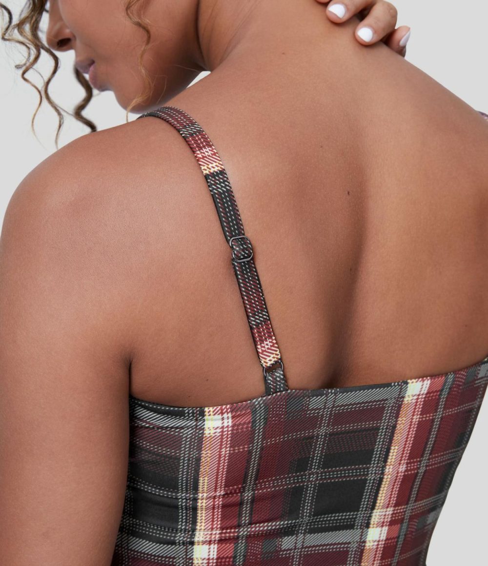 U Neck Backless 2-Piece Side Pocket Plaid Flare Mini Casual Slip Dress  | Womens  Mini Dresses Clothing Mini Dresses