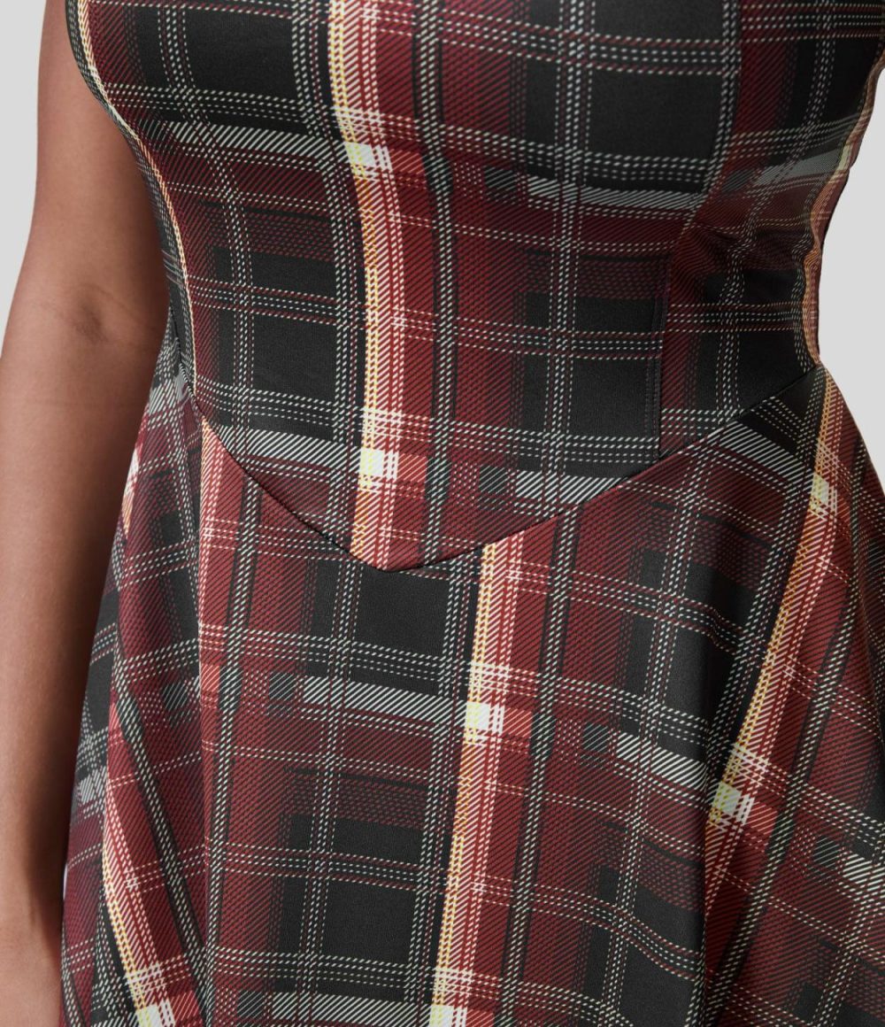 U Neck Backless 2-Piece Side Pocket Plaid Flare Mini Casual Slip Dress  | Womens  Mini Dresses Clothing Mini Dresses