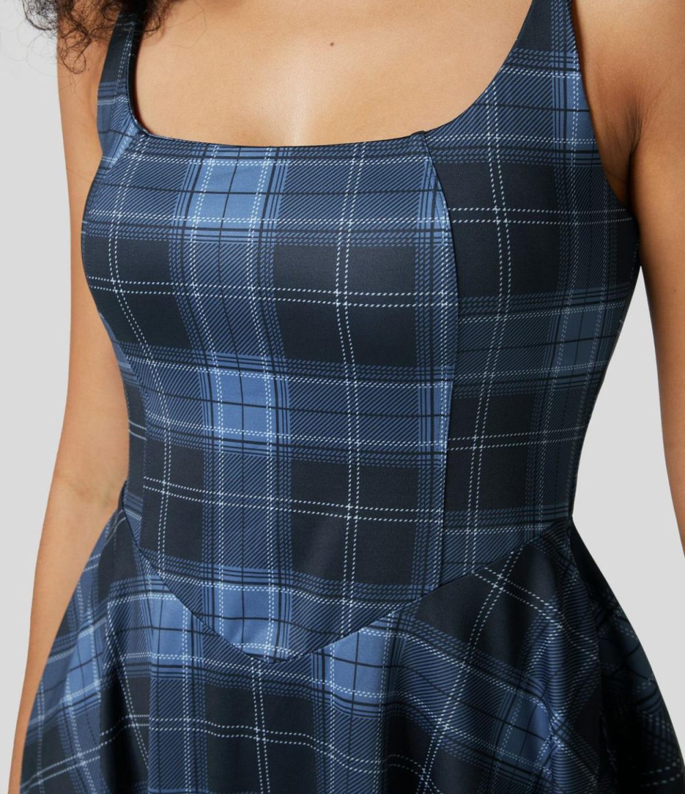 U Neck Backless 2-Piece Side Pocket Plaid Flare Mini Casual Slip Dress  | Womens  Mini Dresses Clothing Mini Dresses