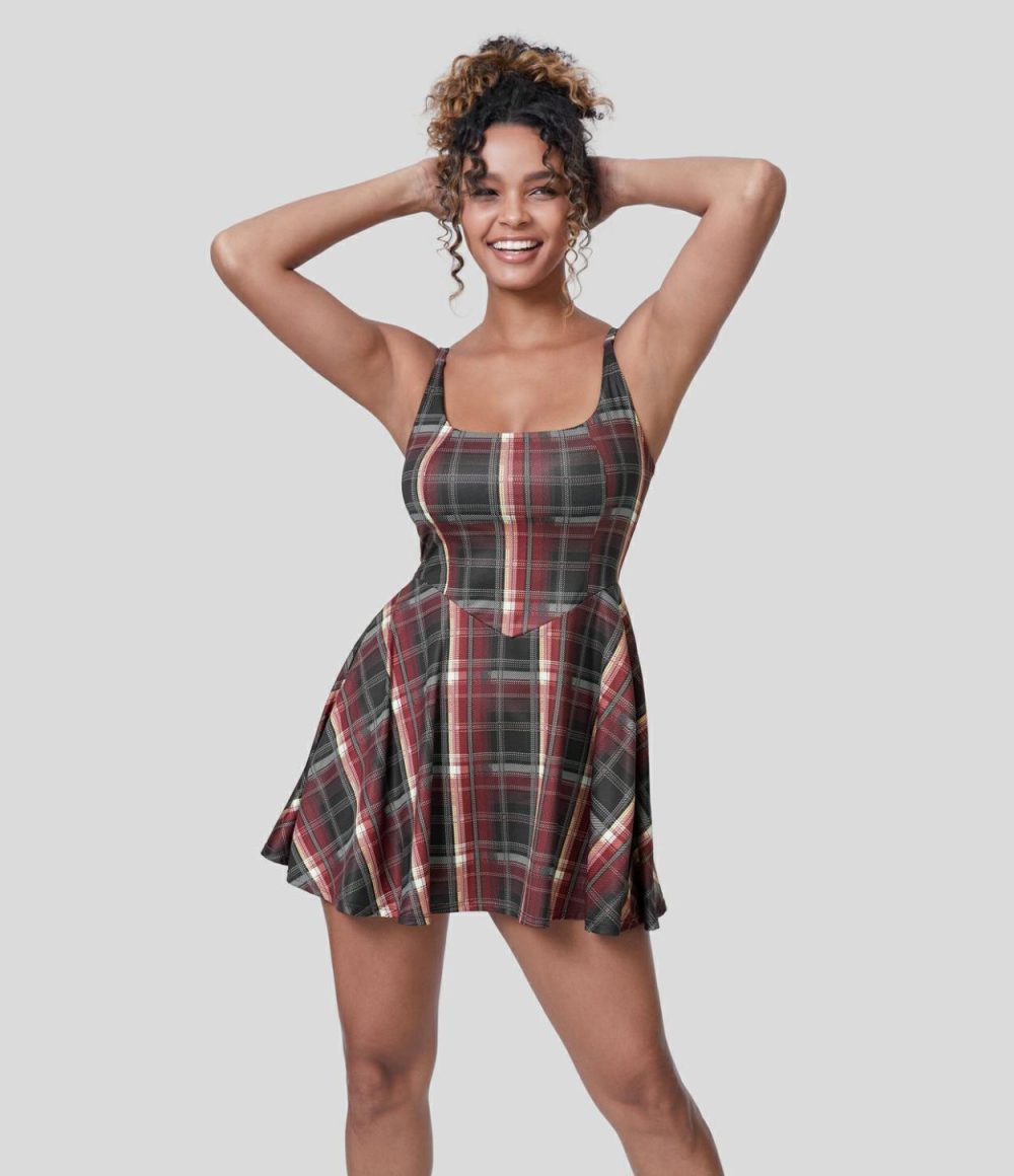 U Neck Backless 2-Piece Side Pocket Plaid Flare Mini Casual Slip Dress  | Womens  Mini Dresses Clothing Mini Dresses