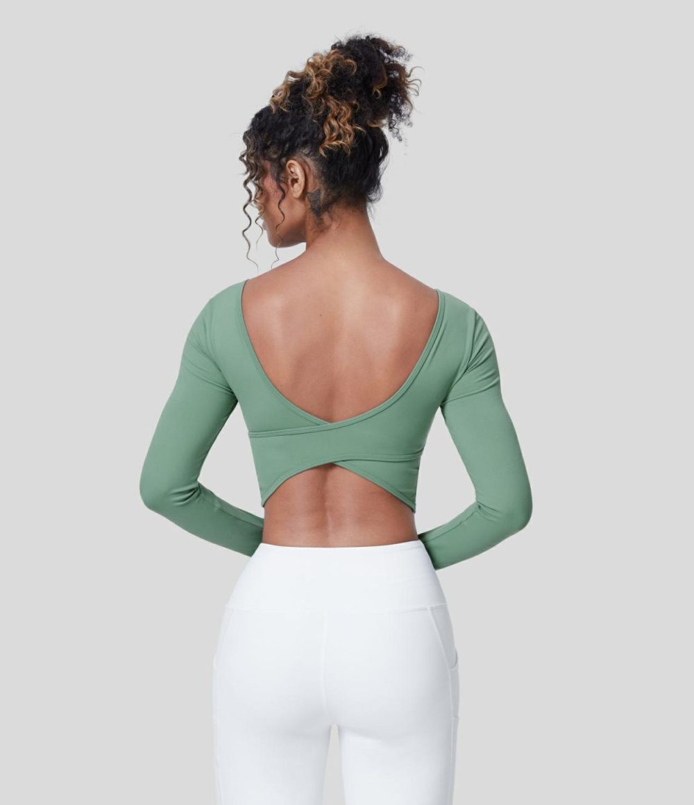 U Neck Backless Crossover Thumb Hole Cropped Yoga Sports Top  | Womens  Sports Tops Clothing Black/Hedge Green