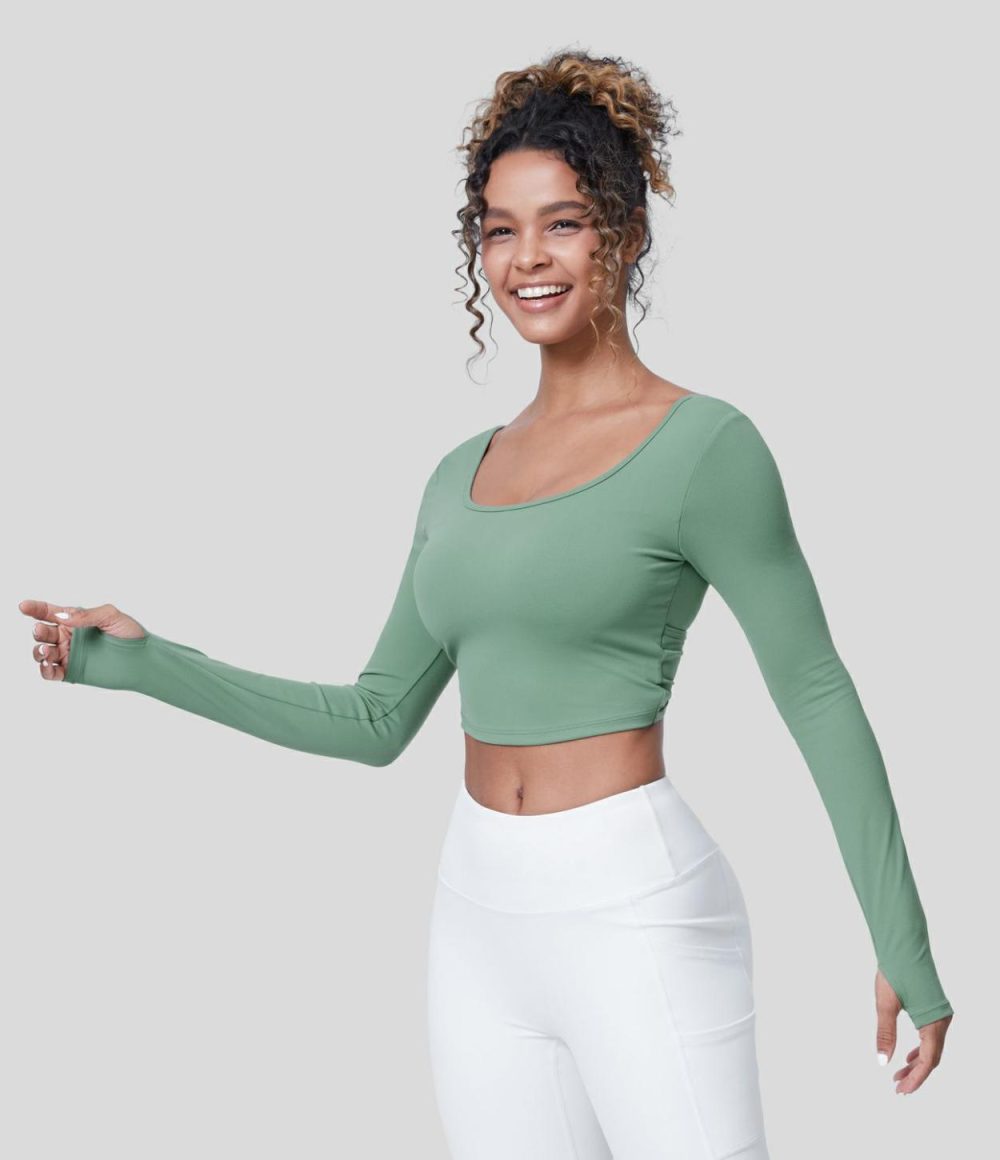 U Neck Backless Crossover Thumb Hole Cropped Yoga Sports Top  | Womens  Sports Tops Clothing Black/Hedge Green