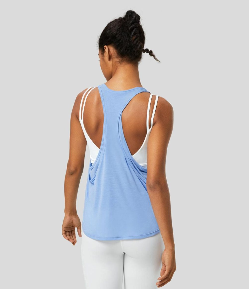 U Neck Backless Draped Curved Hem Yoga Tank Top  | Womens  T-Shirts Clothing Open Air/Black