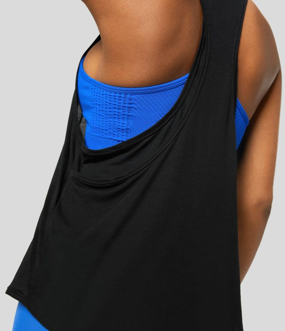 U Neck Backless Draped Curved Hem Yoga Tank Top  | Womens  T-Shirts Clothing Open Air/Black