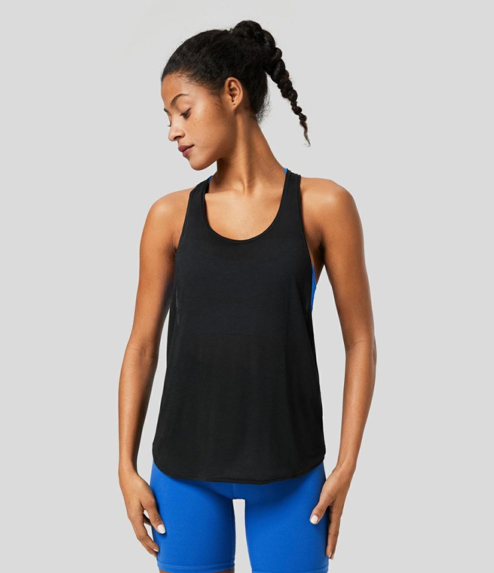 U Neck Backless Draped Curved Hem Yoga Tank Top  | Womens  T-Shirts Clothing Open Air/Black