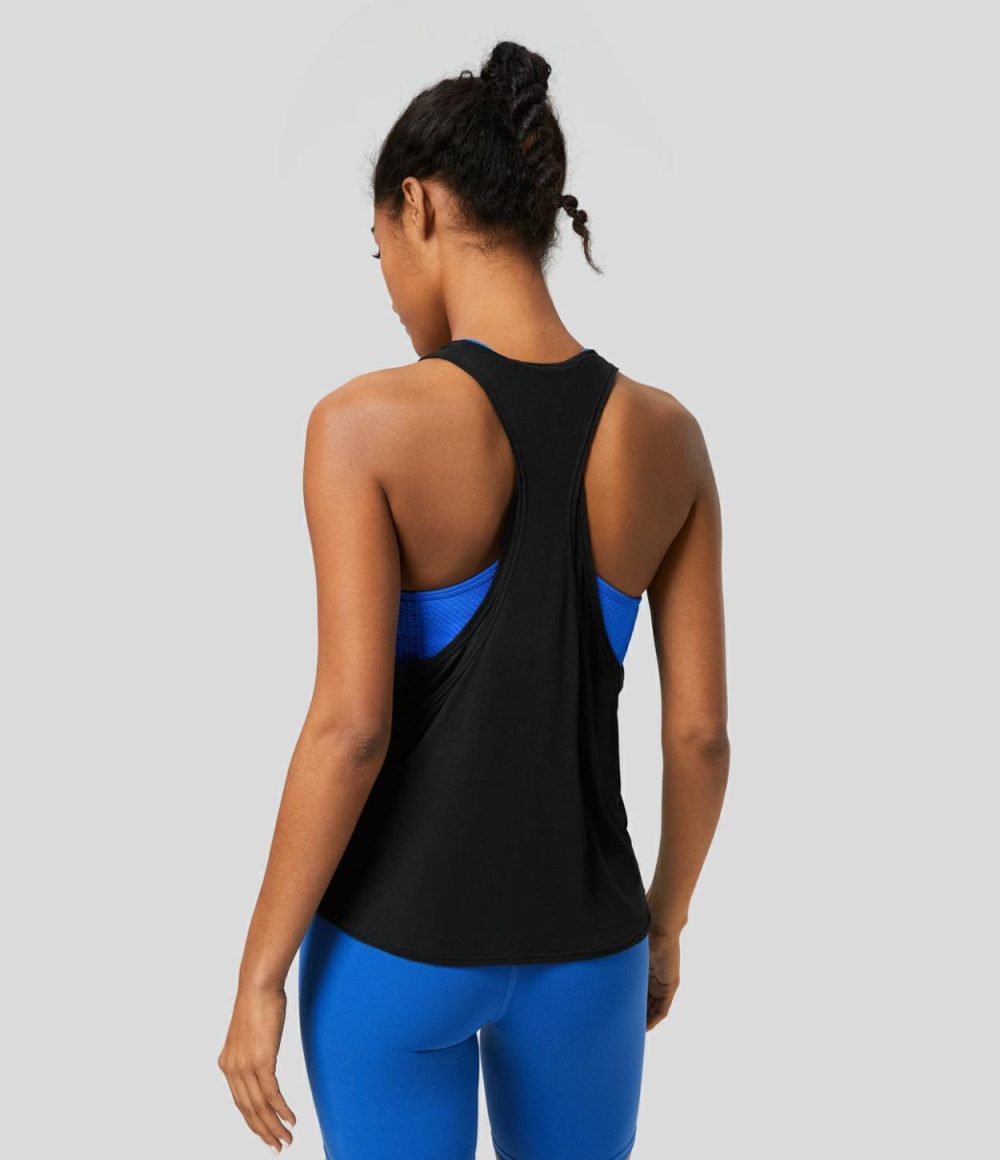 U Neck Backless Draped Curved Hem Yoga Tank Top  | Womens  T-Shirts Clothing Open Air/Black