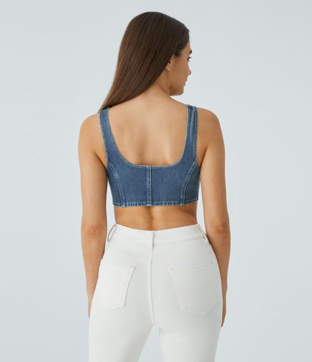 U Neck Backless Stretchy Knit Denim Cropped Casual Tank Top  | Womens  Denim Shorts Clothing Denim Shorts