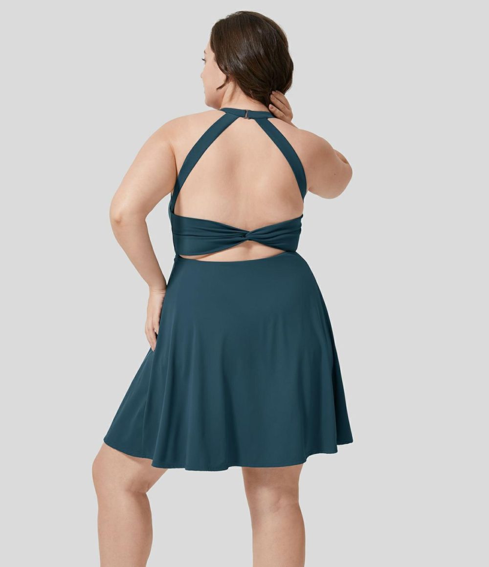 U Neck Backless Twisted Cut Out 2-in-1 Side Pocket Mini Barre Ballet Dance Plus Size Dress-Longer Length  | Womens  Mini Dresses Clothing Majolica Blue/Black