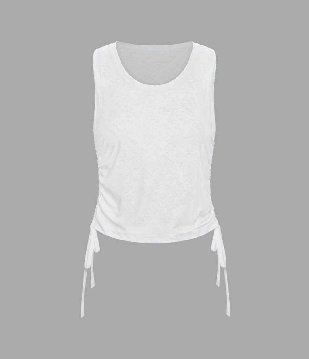 U Neck Drawstring Ruched Jacquard Casual Tank Top  | Womens  T-Shirts Clothing T-Shirts