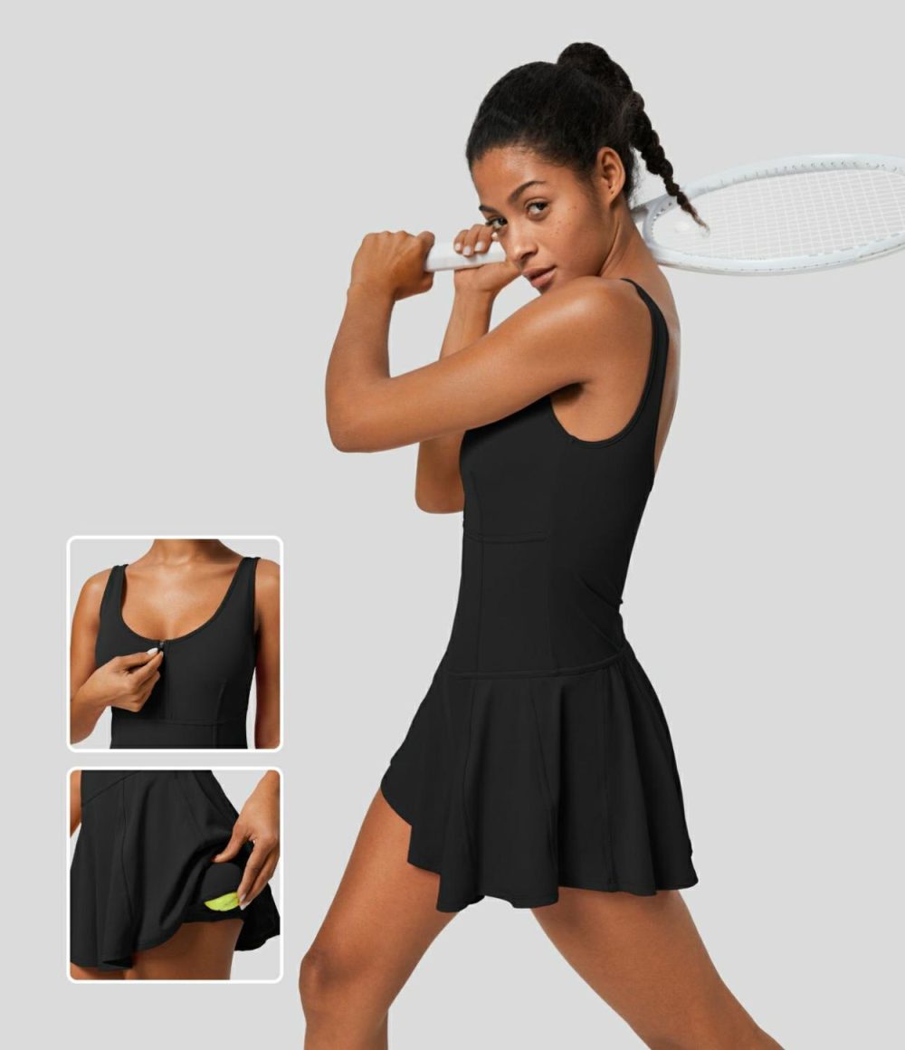 U Neck Half Zip Backless 2-in-1 Side Pocket Micro Mini Quick Dry Tennis Active Dress  | Womens  Active Dresses Active Dresses Active Dresses