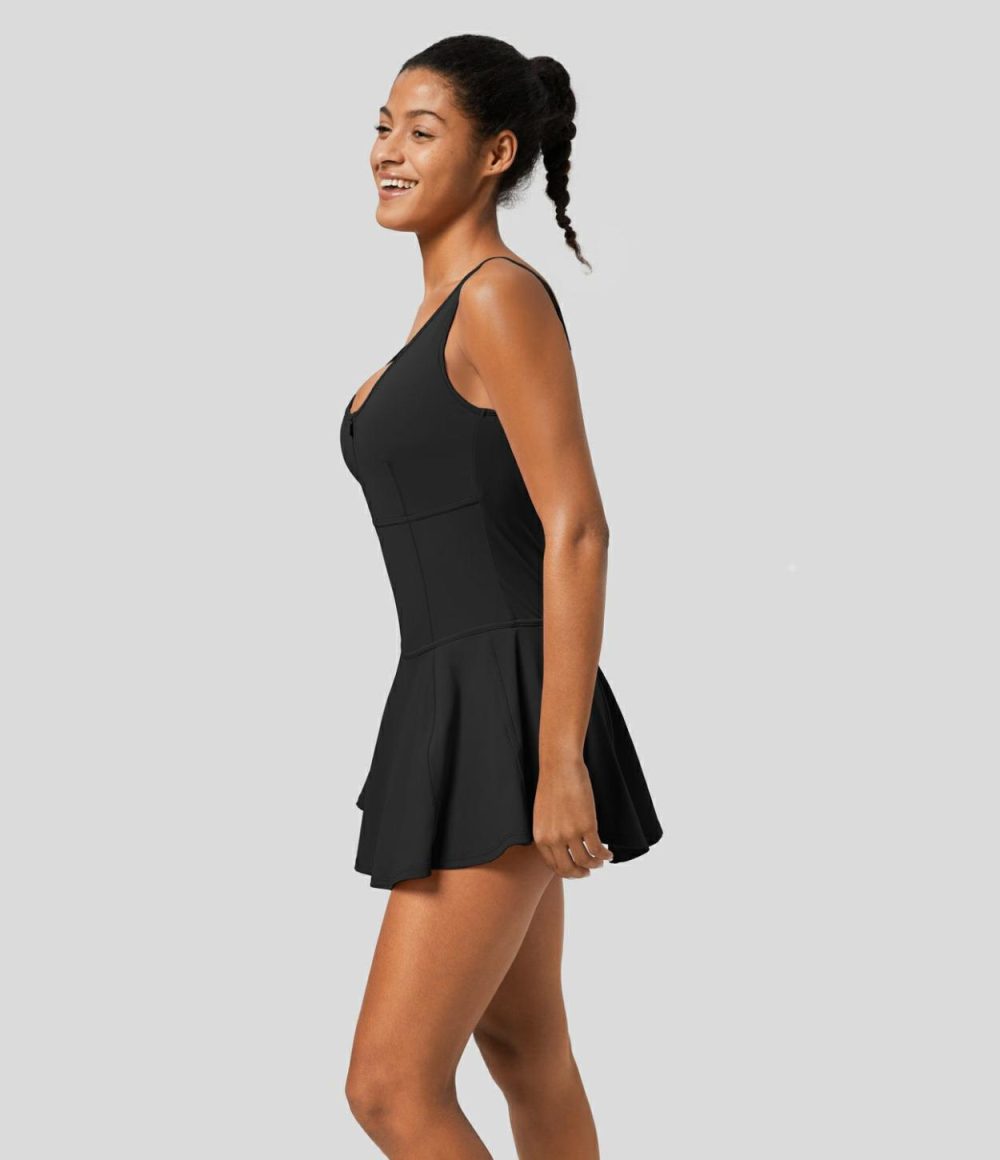 U Neck Half Zip Backless 2-in-1 Side Pocket Micro Mini Quick Dry Tennis Active Dress  | Womens  Active Dresses Active Dresses Active Dresses