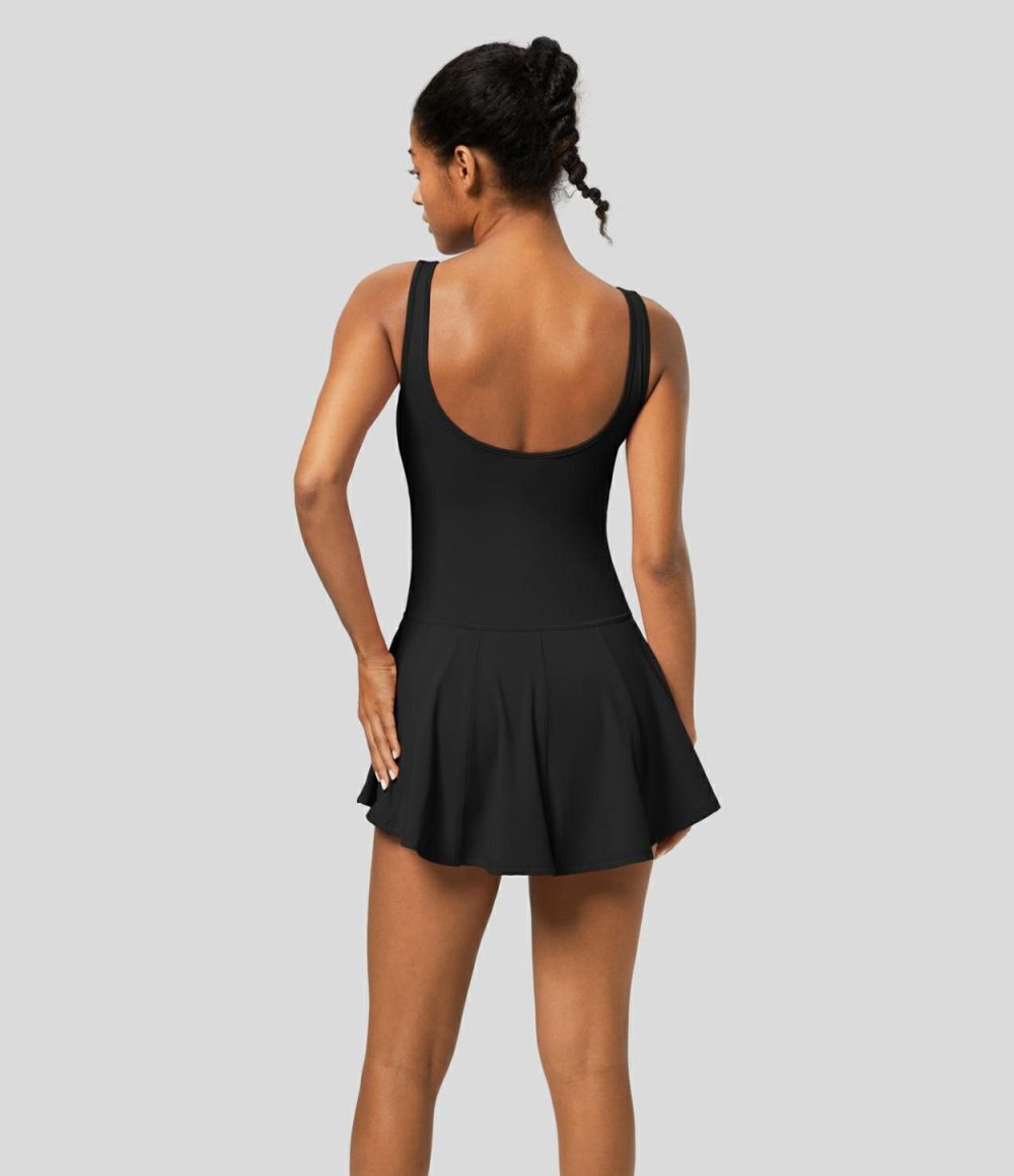 U Neck Half Zip Backless 2-in-1 Side Pocket Micro Mini Quick Dry Tennis Active Dress  | Womens  Active Dresses Active Dresses Active Dresses