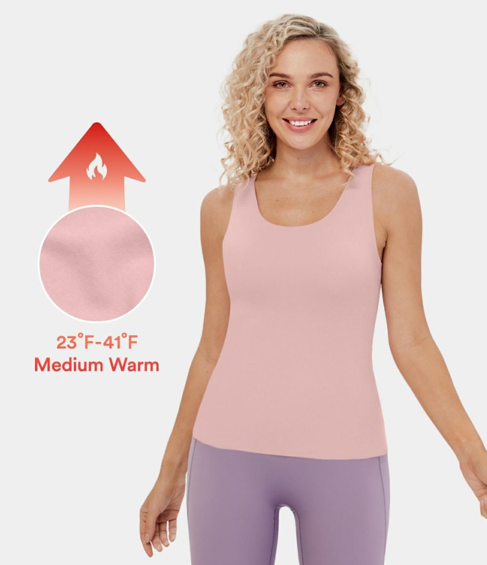 U Neck Raw Hem Fleece Casual Tank Top  | Womens  T-Shirts Clothing Coral Blush/Dry Rose