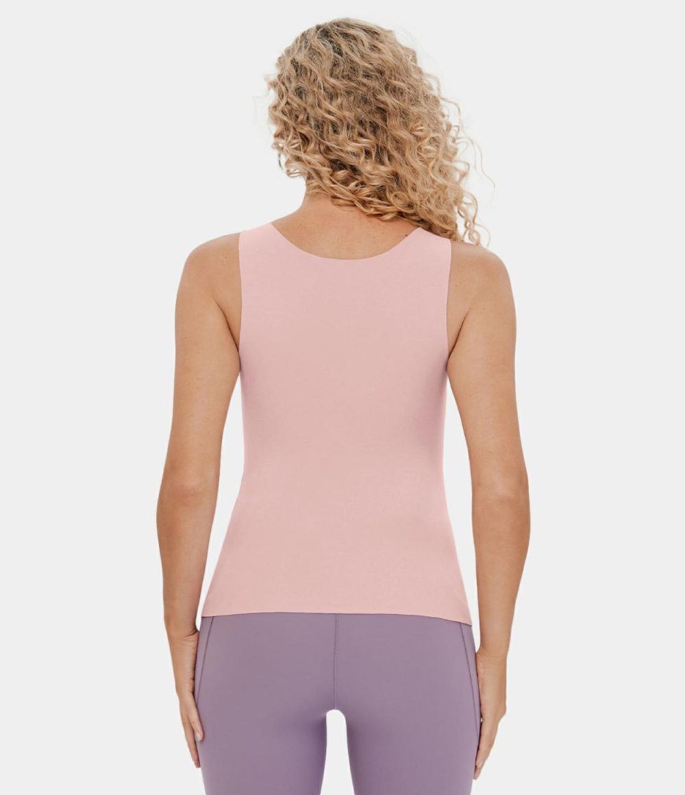 U Neck Raw Hem Fleece Casual Tank Top  | Womens  T-Shirts Clothing Coral Blush/Dry Rose